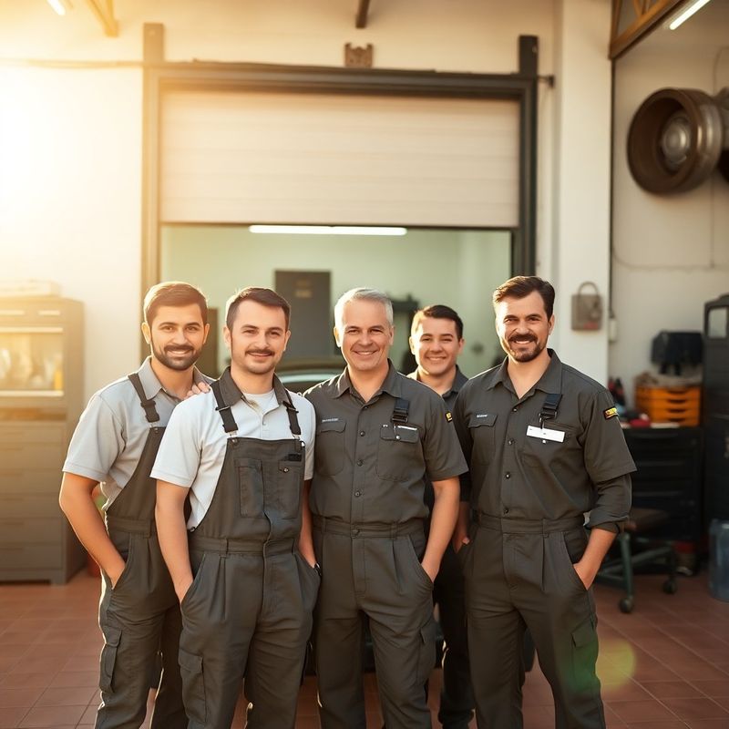 Equipo de cinco mecánicos de Gardencornerx frente al taller en Málaga